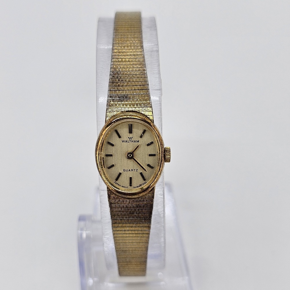 VTG Waltam Women's Analog Watch 15MM Gold Dial Gold Bands Up to 6.5" NEW Battery